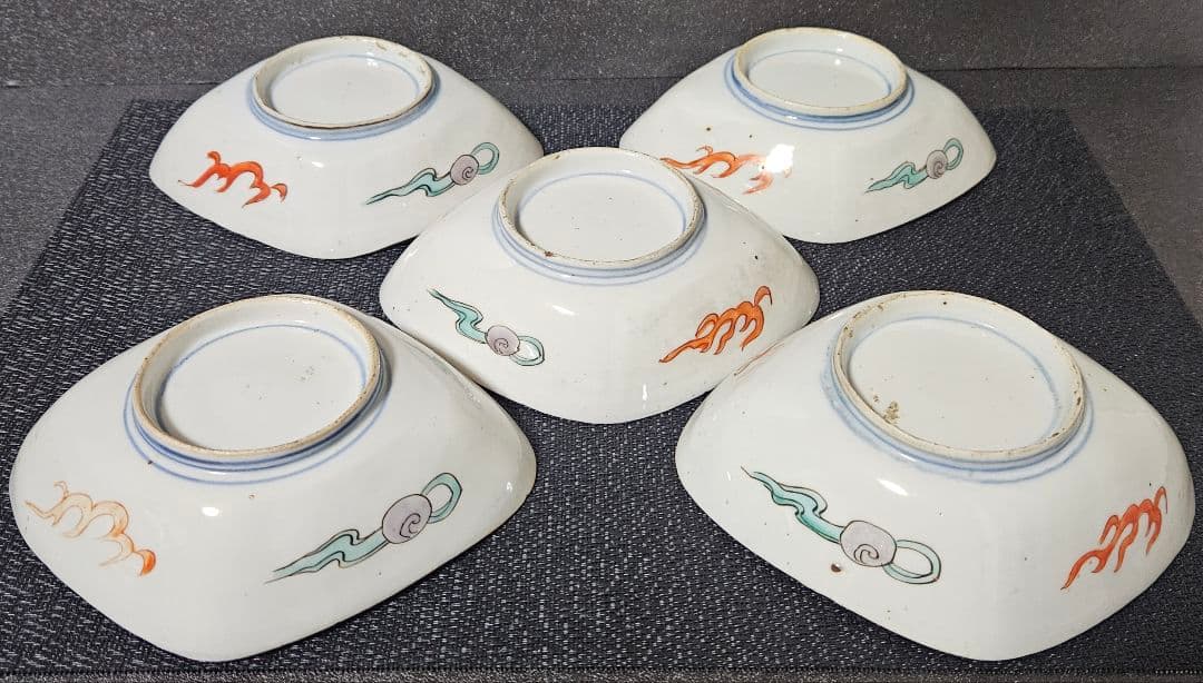 上作古伊万里❗】江戸時代末　古伊万里　錦手　菊花に波文　菱形皿5客　16.8cm