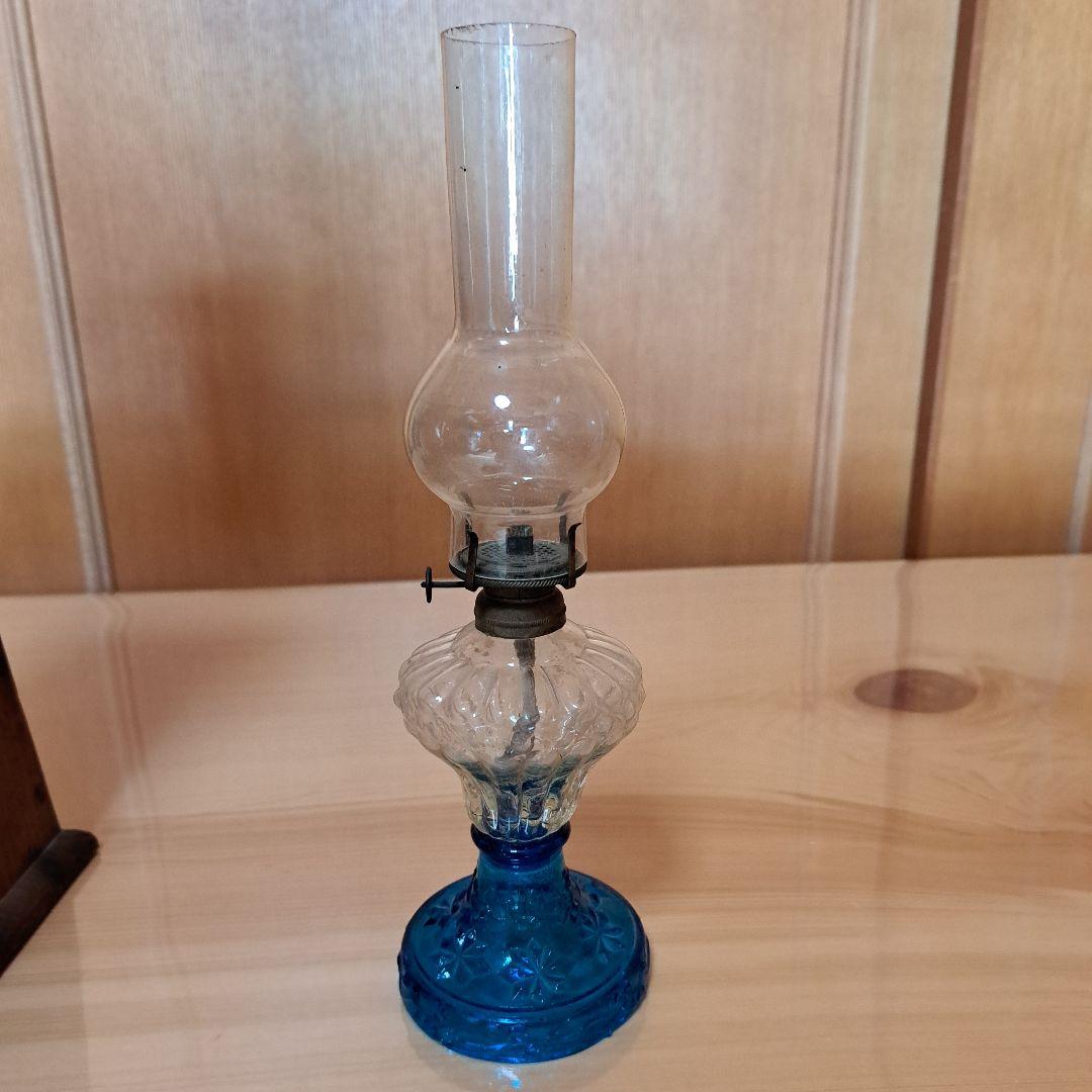 貴重品　未使用　明治〜大正期　魅惑のブルーガラス　オイルランプ　収納飾り台セット