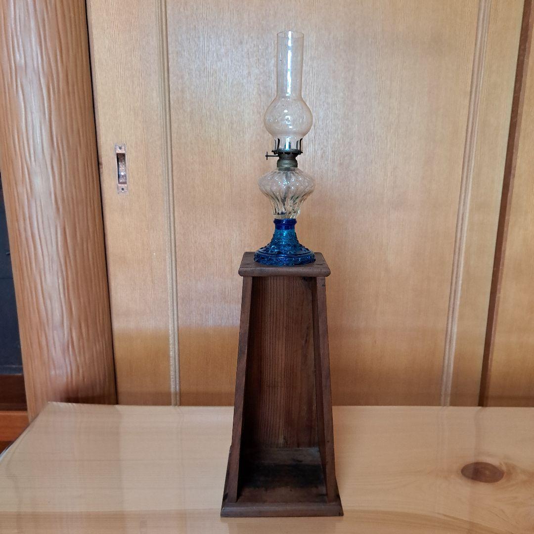 貴重品　未使用　明治〜大正期　魅惑のブルーガラス　オイルランプ　収納飾り台セット