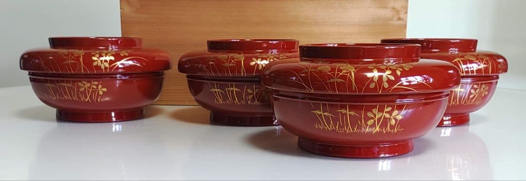 輪島塗 朱塗 大平椀 磨蒔絵 秋草の図 4客 - メルカリ