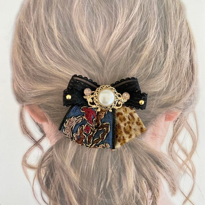 no.67 再販✩.*˚デニムとヒョウ柄のクラシカルヘアアクセサリー✩.*˚