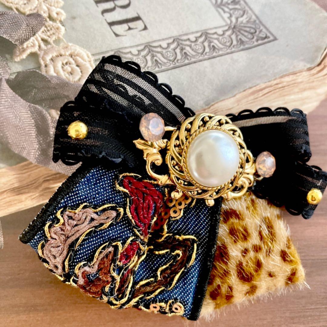 no.67 再販✩.*˚デニムとヒョウ柄のクラシカルヘアアクセサリー✩.*˚