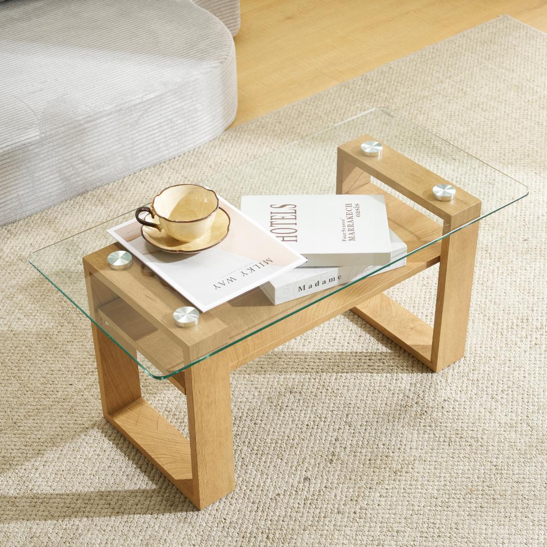 ガラステーブル ローテーブル 幅80x奥40x高38.5cm 組立簡単ナチュラル