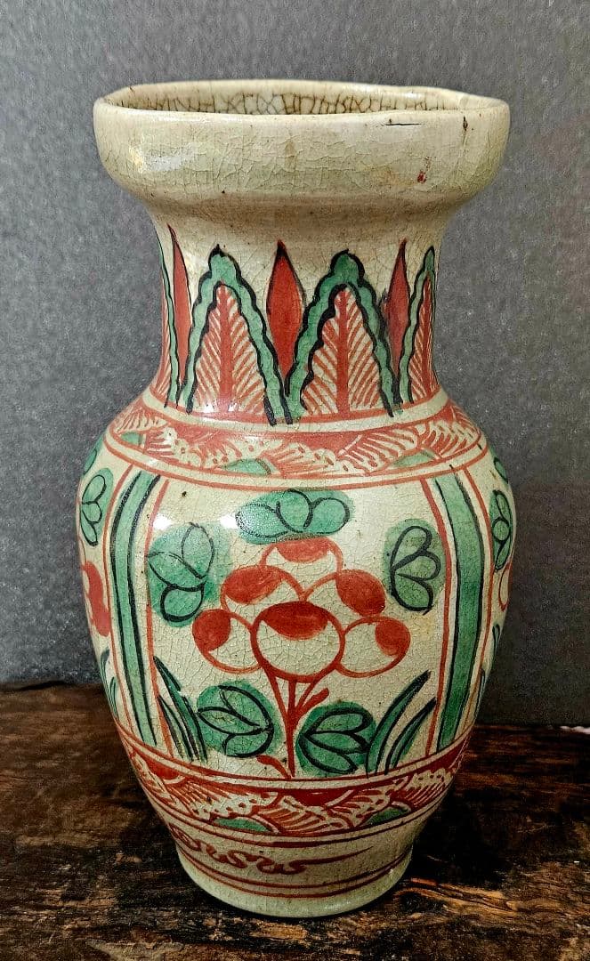 古代中国 明代～清代頃 古赤絵 天啓赤絵 四面花文様 広口壺 罐