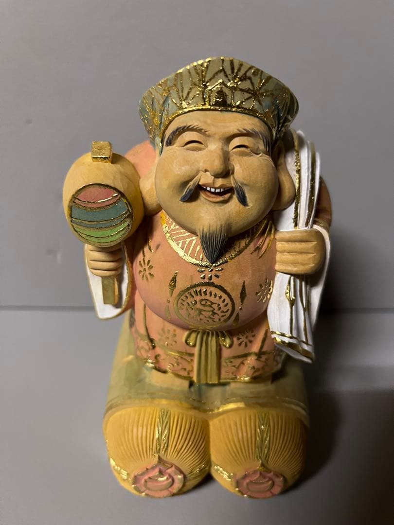 特別価格　恵比寿　大黒　セット　木彫り　彩色　手彫　柘植材　35