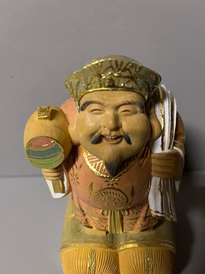 特別価格　恵比寿　大黒　セット　木彫り　彩色　手彫　柘植材　35