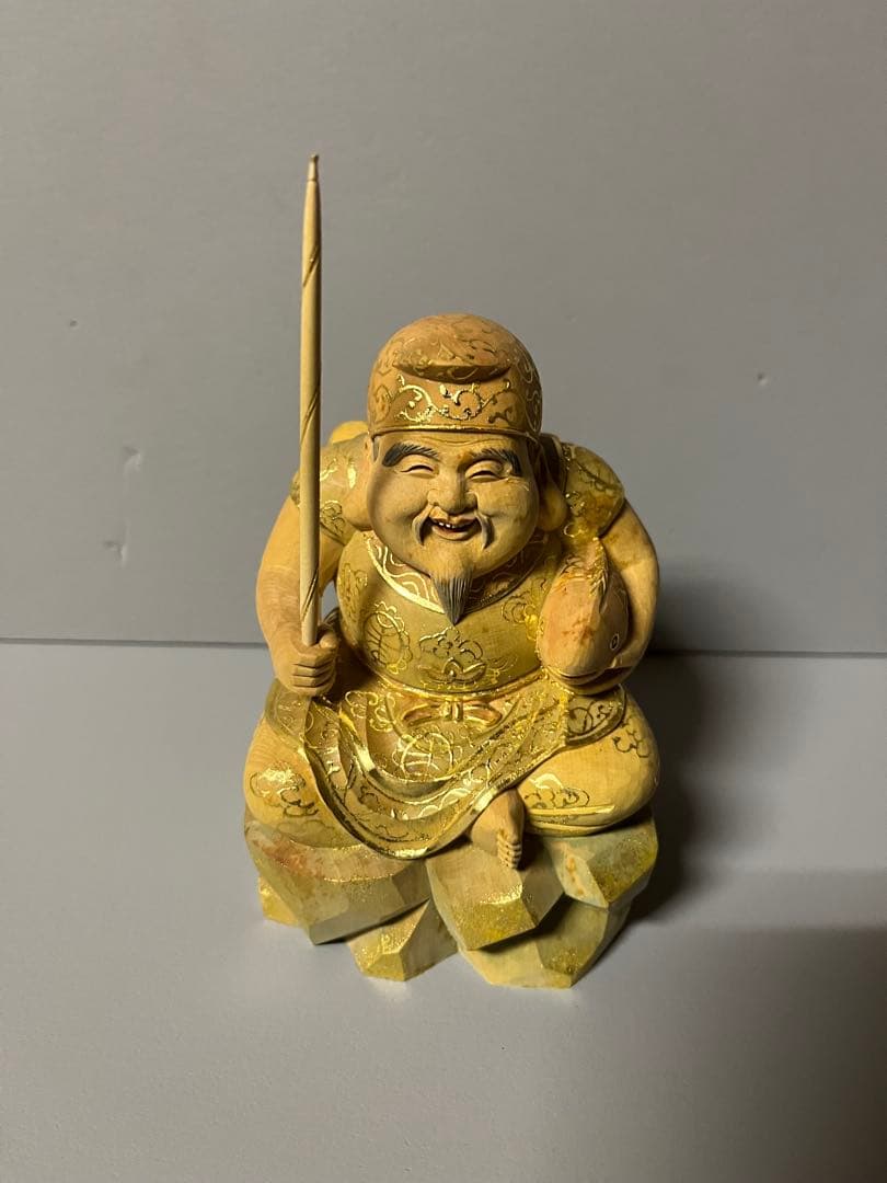 特別価格　恵比寿　大黒　セット　木彫り　彩色　手彫　柘植材　35