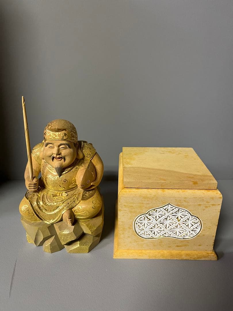 特別価格　恵比寿　大黒　セット　木彫り　彩色　手彫　柘植材　35