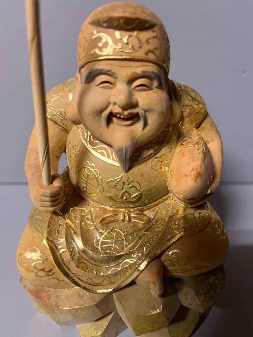 特別価格　恵比寿　大黒　セット　木彫り　彩色　手彫　柘植材　35