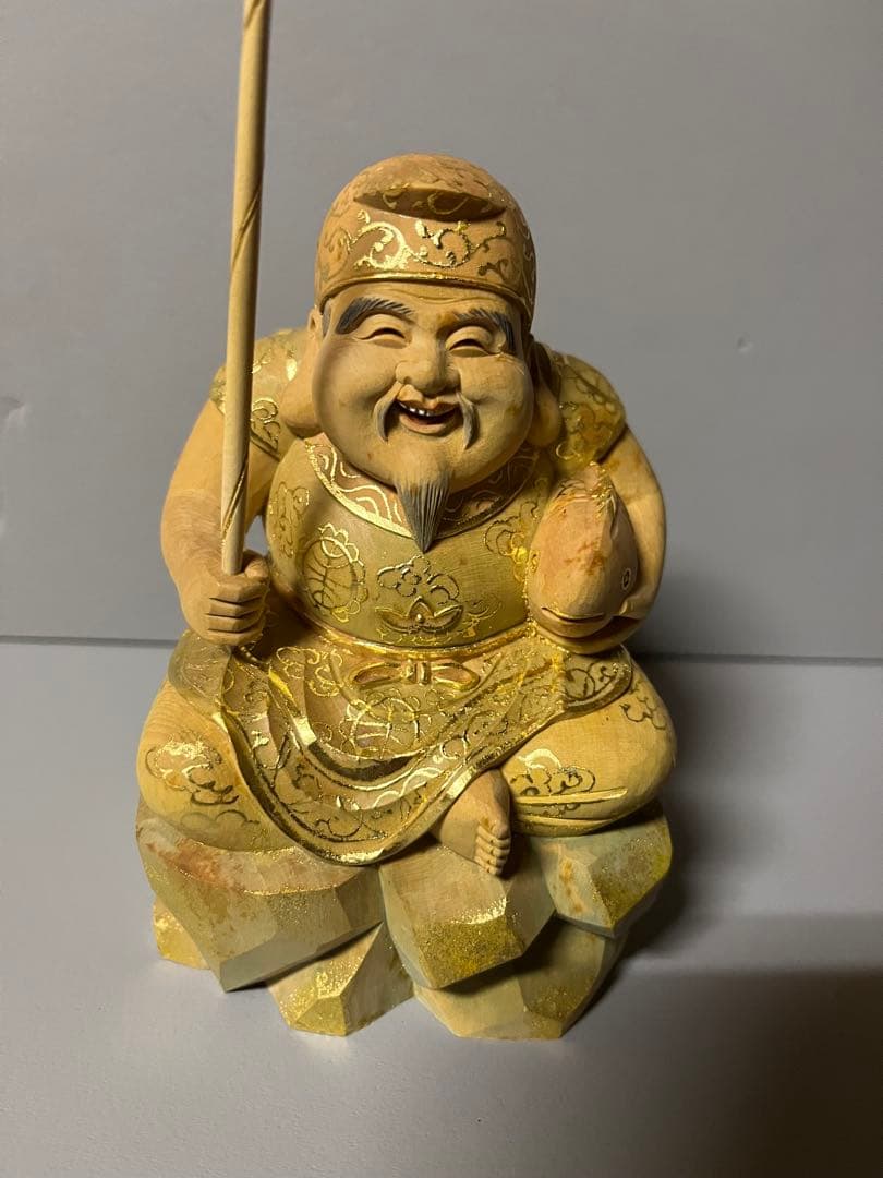 特別価格　恵比寿　大黒　セット　木彫り　彩色　手彫　柘植材　35