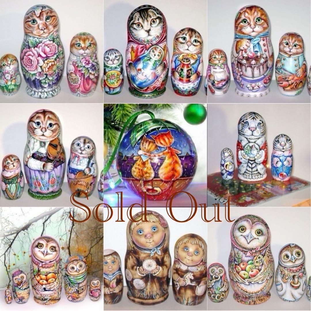 ロシア雑貨☆伝統衣装の起き上がりこぼし♪『猫とマトリョーシカ』ミラ作