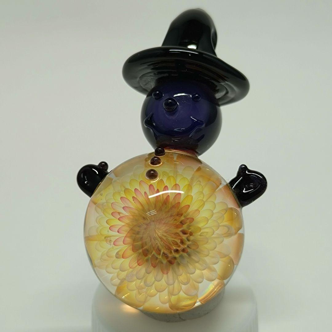 未使用 雪だるま ガラス ペンダントトップ 1点物 フラワー スノーマン