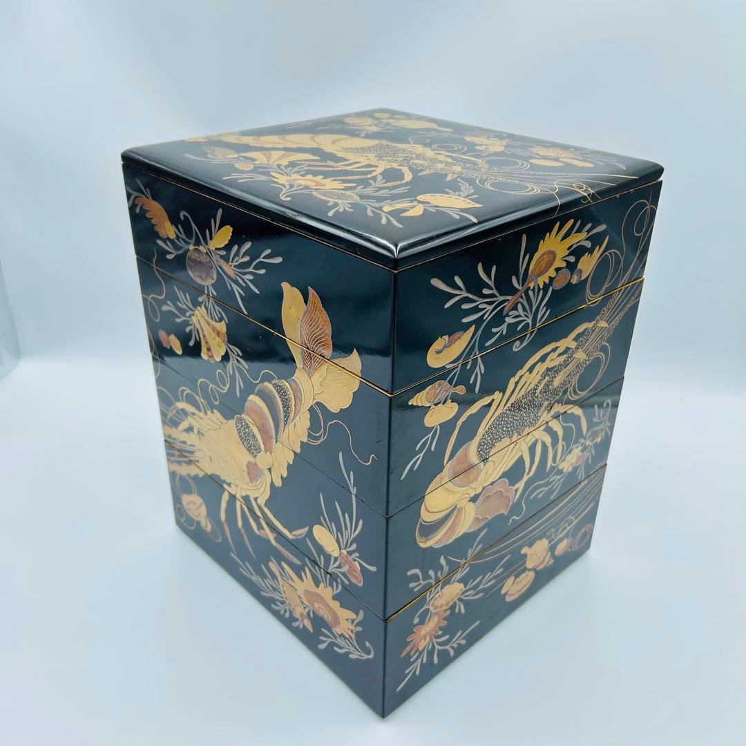 【海老海鮮尽くし蒔絵重箱　段重　お節料理】骨董　アンティーク　インテリア