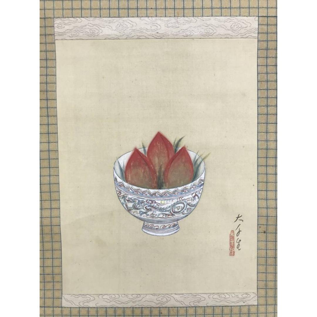 真作/張大千/桃鉢図/中国画家/掛軸/名家伝来/AK-395