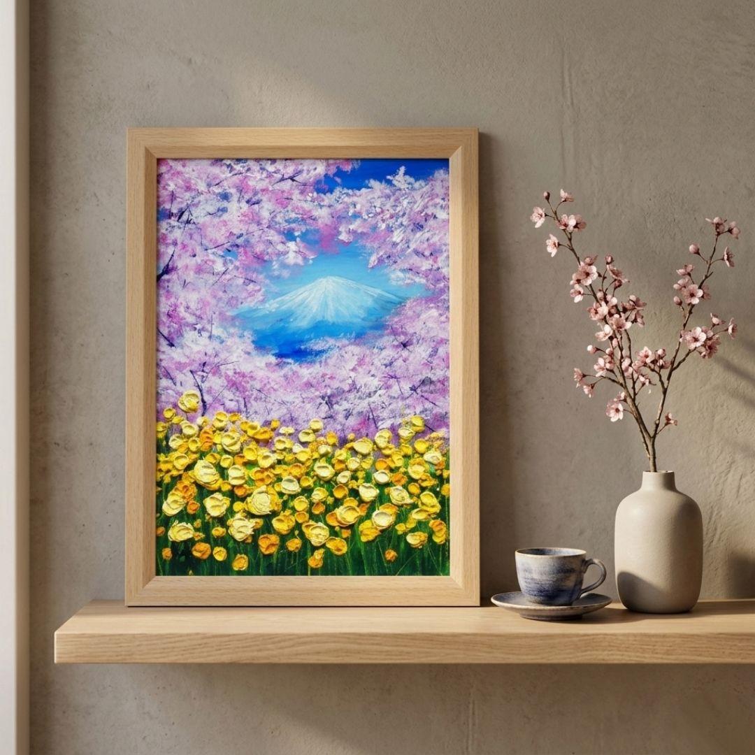 油絵 油彩 油彩画 絵 絵画 【桜と富士山と菜の花】 - メルカリ