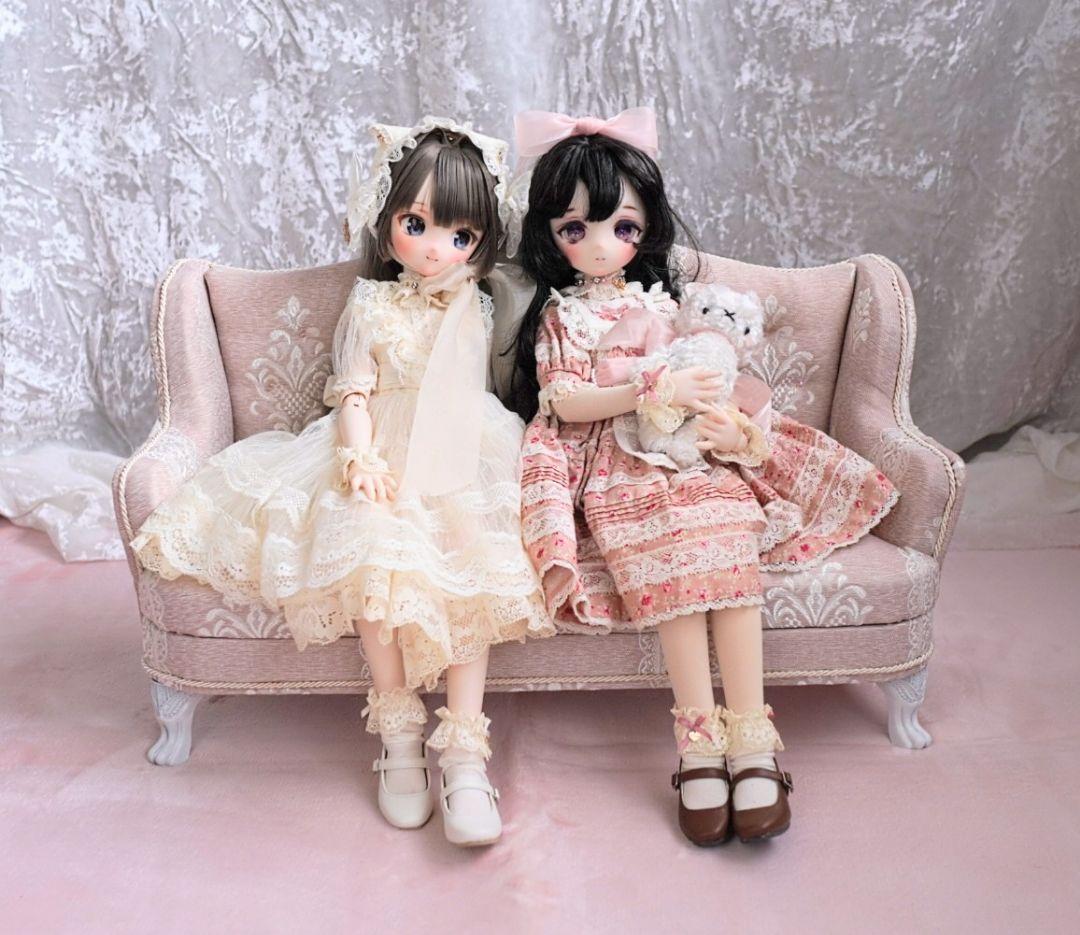 ドール用1/4サイズ ウィングチェア3人用 ピンクレース ソファ