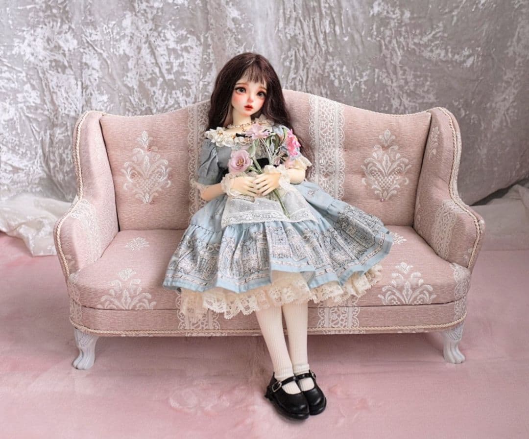 ドール用1/4サイズ ウィングチェア3人用 ピンクレース ソファ