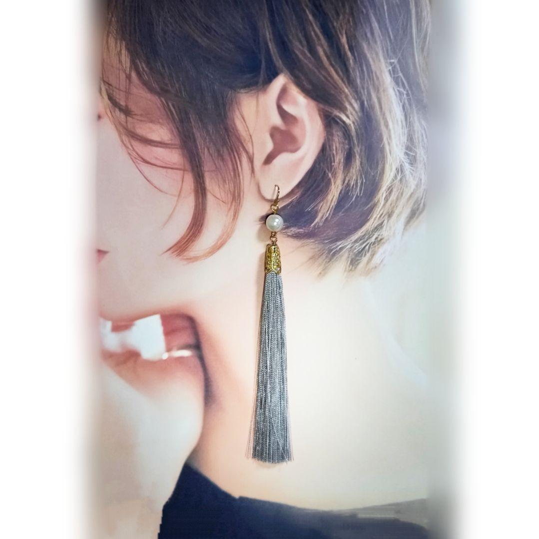 【1270】大きめパールビーズとタッセルのピアス