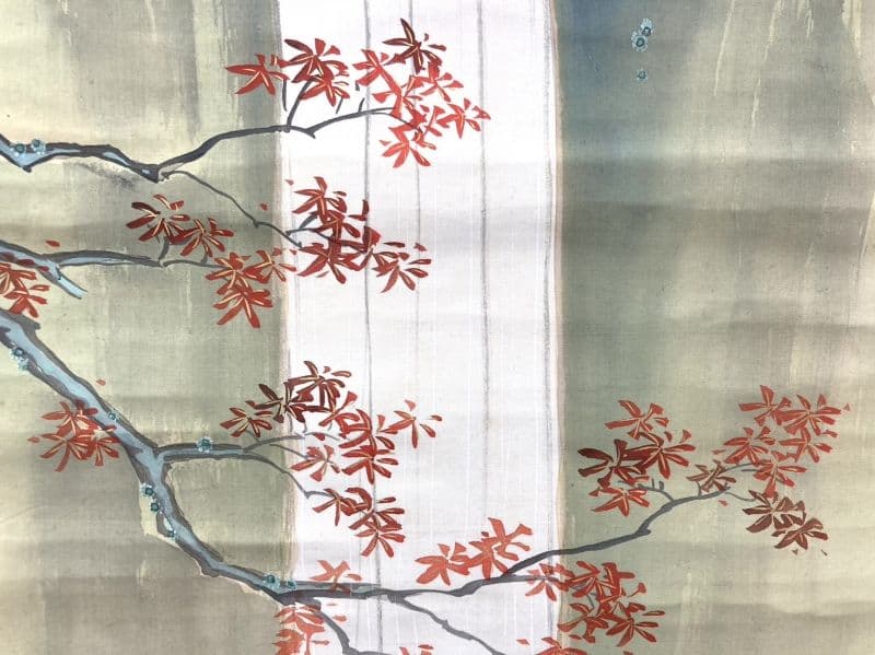 津端道彦／福島柳圃 山名貫義師事「瀑布紅葉」掛軸 絹本