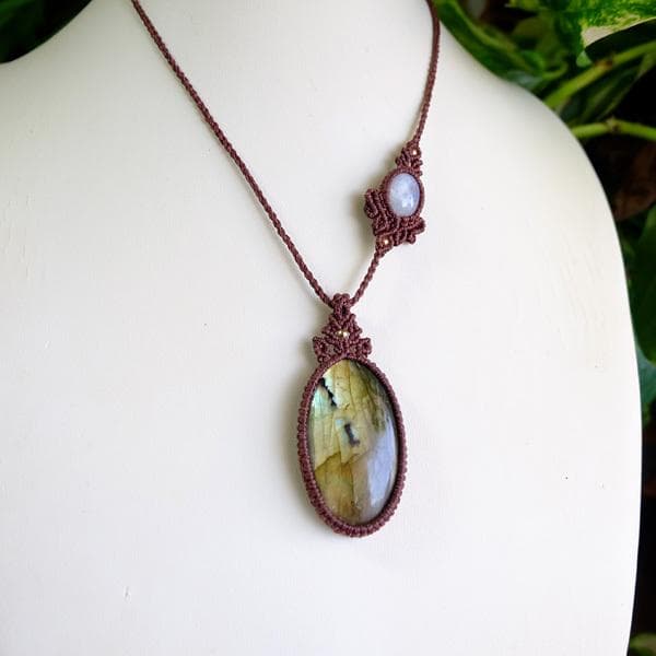 ラブラドライト・ムーンストーン　天然石マクラメ編みペンダントネックレス 3437