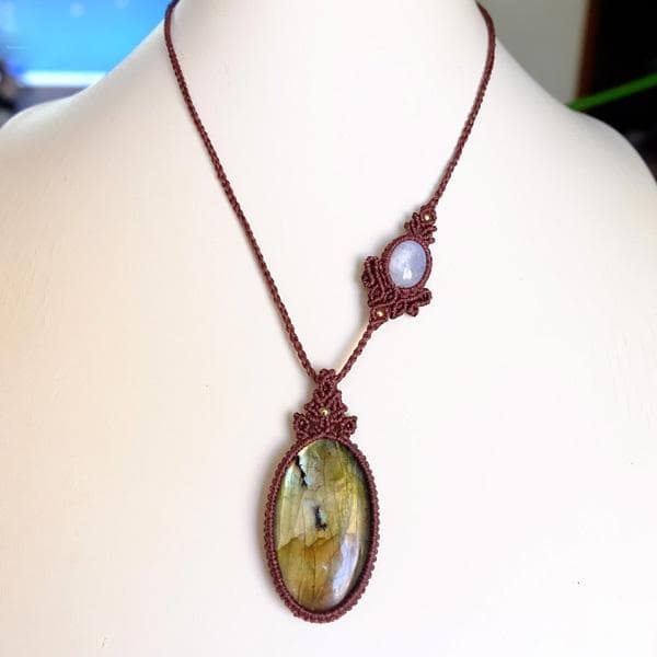 ラブラドライト・ムーンストーン　天然石マクラメ編みペンダントネックレス 3437