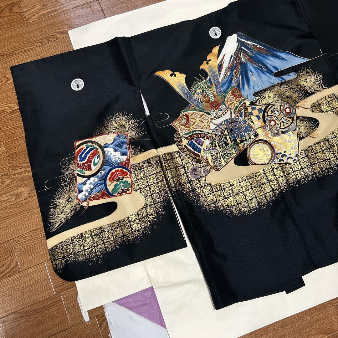 七五三 5歳 男の子 着物・袴セット 黒 かっこいい 富士山 兜 袴 七五三