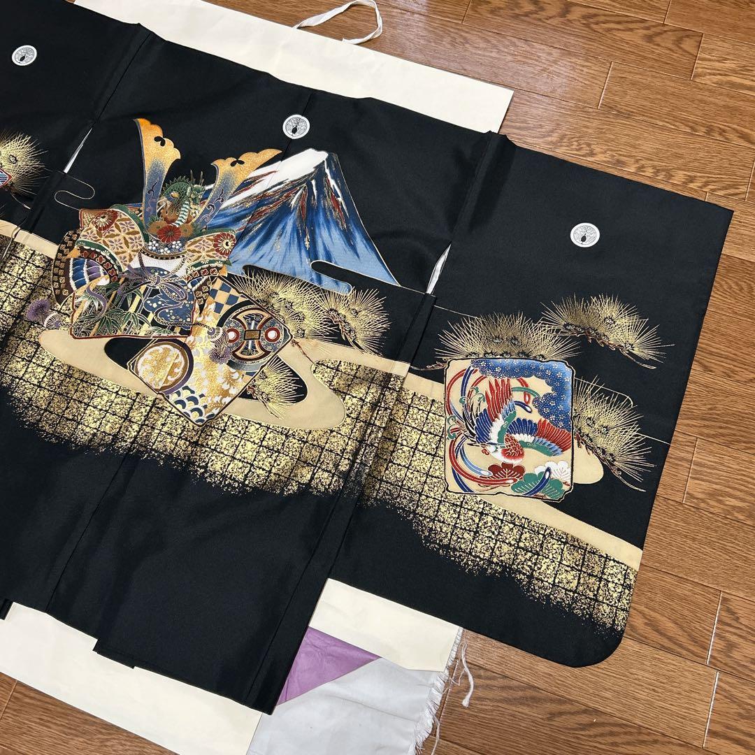 七五三 5歳 男の子 着物・袴セット 黒 かっこいい 富士山 兜 袴 七五三