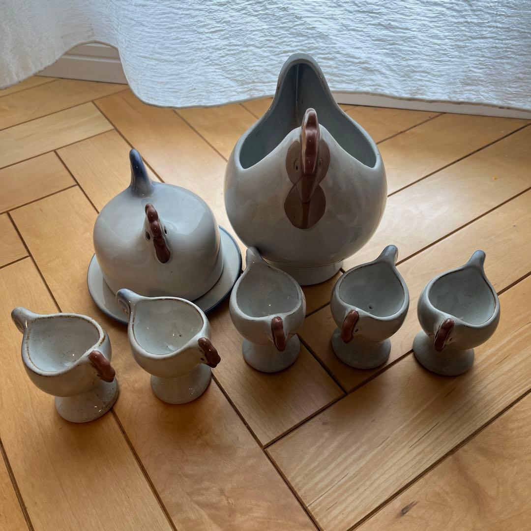 リサ　ラーソン　置物　ニワトリ　親子　エッグカップ　セット　バターケース