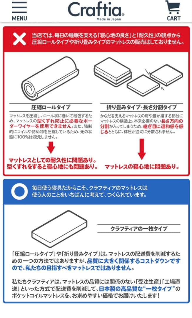 シングルマットレス Craftia Juno 国産メーカー