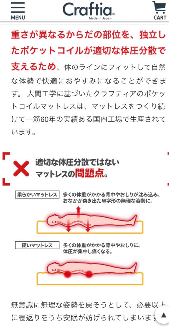 シングルマットレス Craftia Juno 国産メーカー
