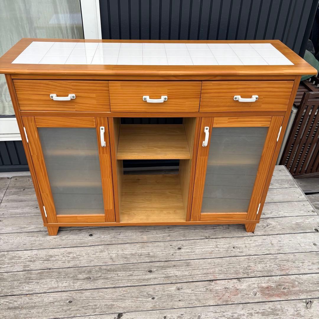 北欧レトロ 脇木工 カウンターテーブル 両面開き タイル天板 収納棚付き 食器棚