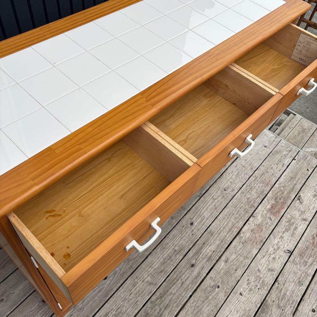 北欧レトロ 脇木工 カウンターテーブル 両面開き タイル天板 収納棚付き 食器棚