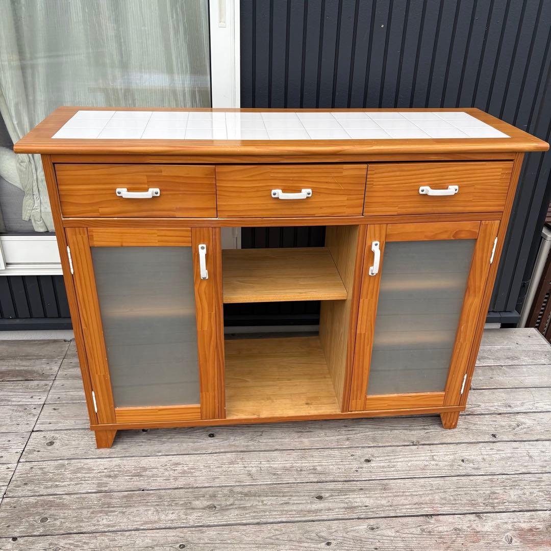 北欧レトロ 脇木工 カウンターテーブル 両面開き タイル天板 収納棚付き 食器棚