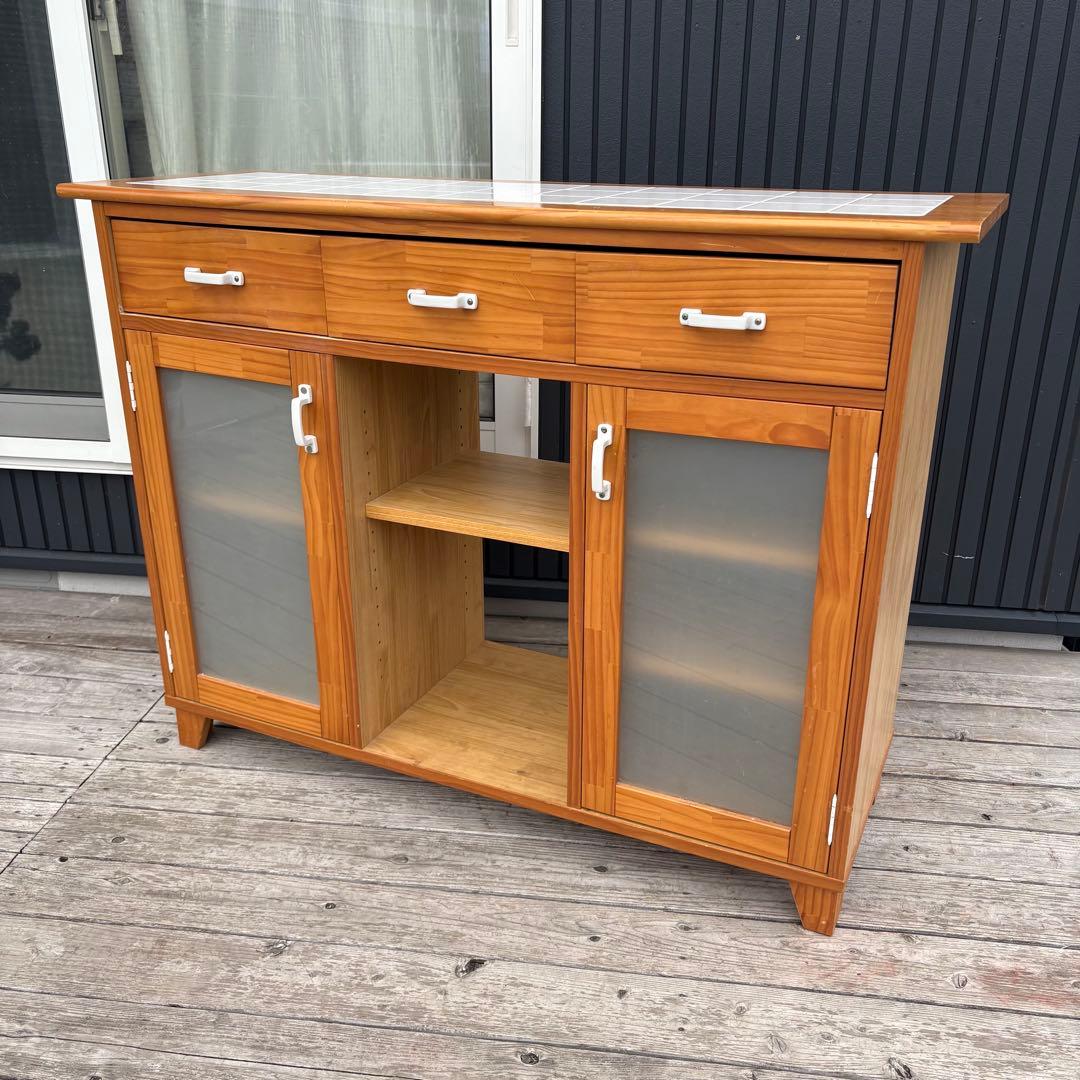 北欧レトロ 脇木工 カウンターテーブル 両面開き タイル天板 収納棚付き 食器棚