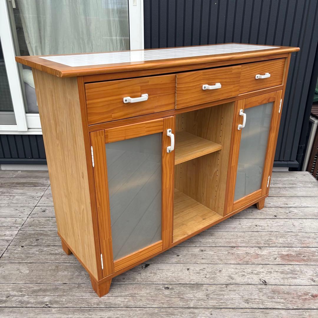 北欧レトロ 脇木工 カウンターテーブル 両面開き タイル天板 収納棚付き 食器棚