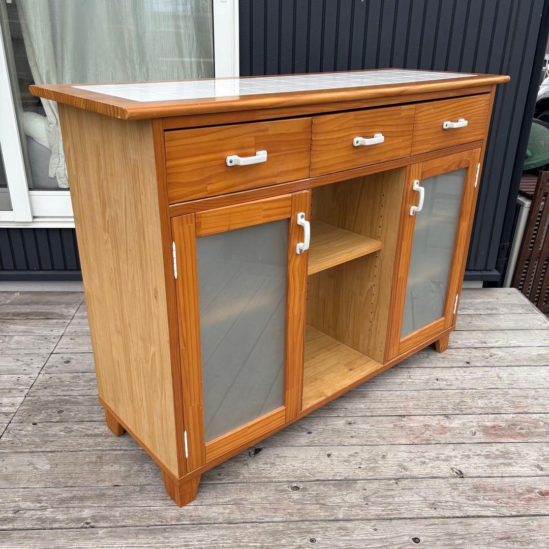 北欧レトロ 脇木工 カウンターテーブル 両面開き タイル天板 収納棚付き 食器棚