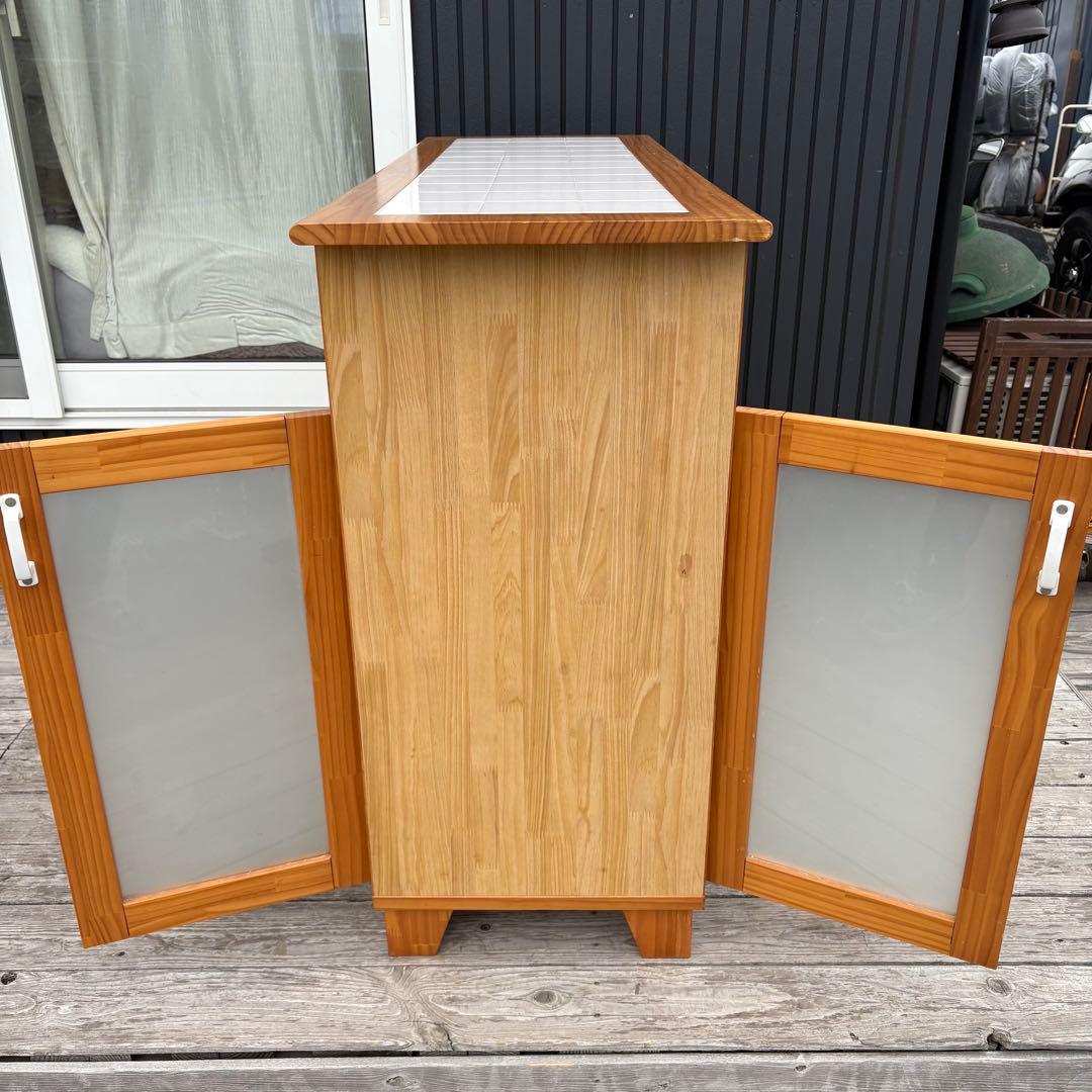 北欧レトロ 脇木工 カウンターテーブル 両面開き タイル天板 収納棚付き 食器棚