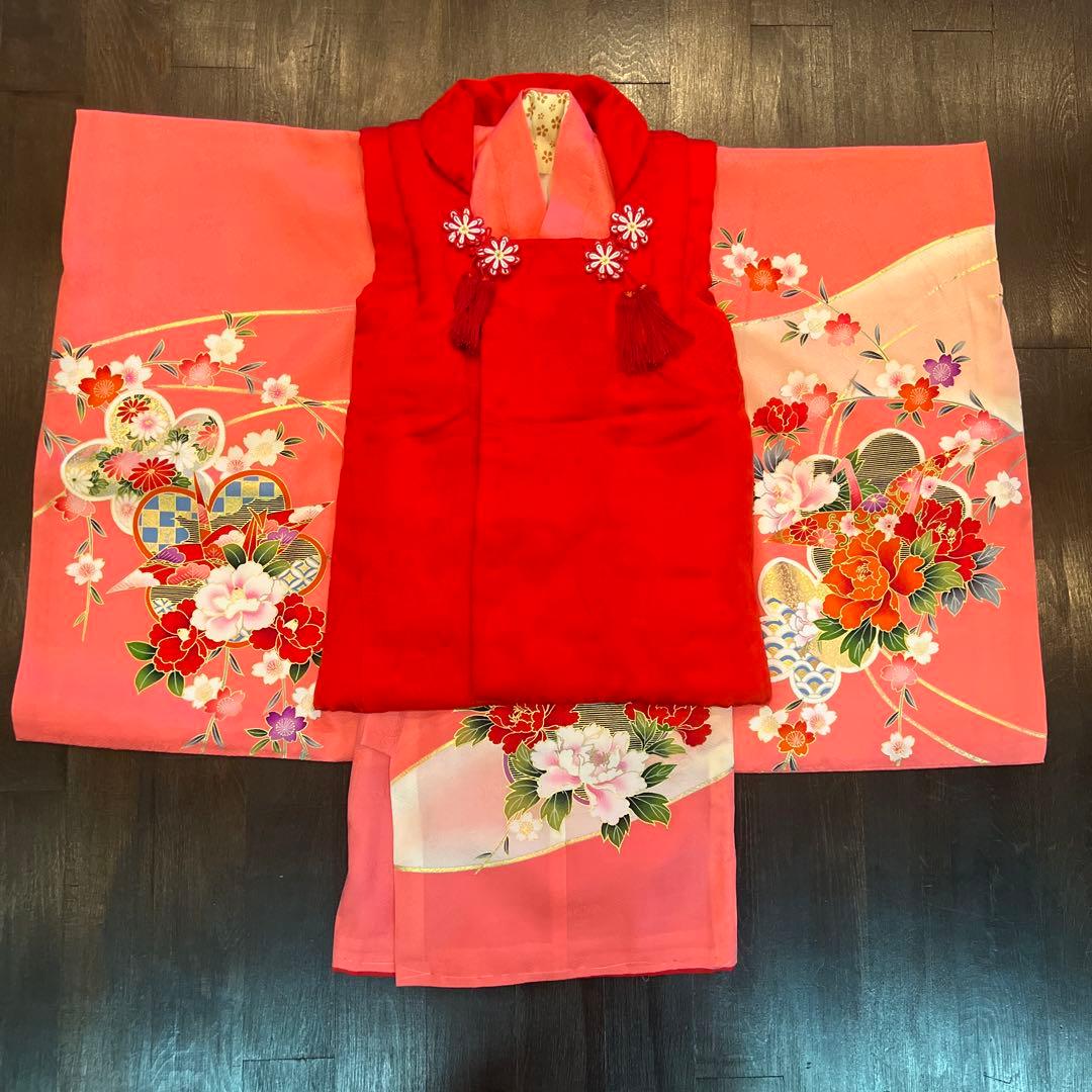 アンティーク 七五三 三歳〜五歳 着物 被布 フルセット しだれ桜 折鶴 付け襟