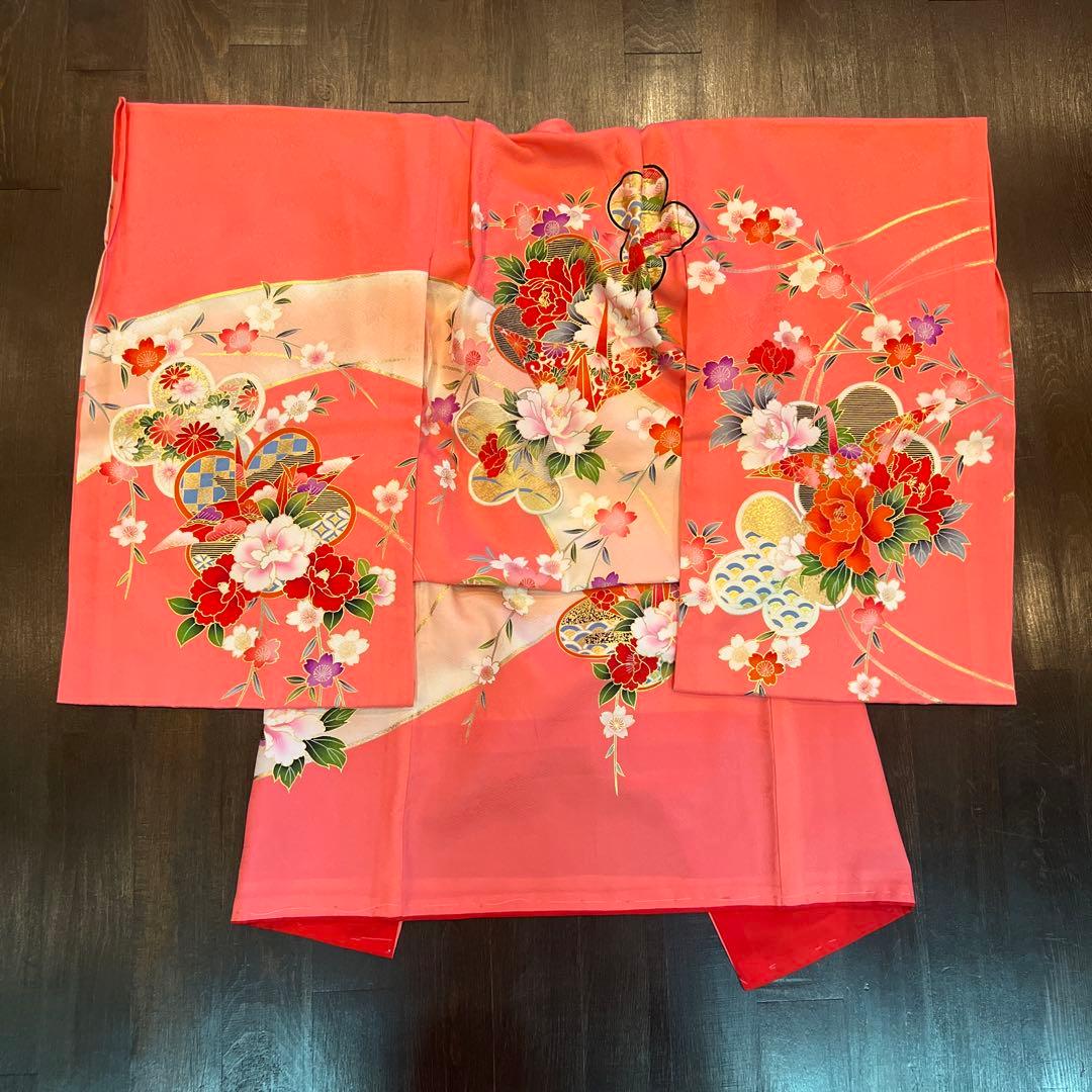 アンティーク 七五三 三歳〜五歳 着物 被布 フルセット しだれ桜 折鶴 付け襟