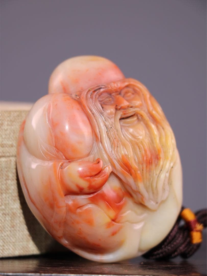 旧蔵天然寿山石 手彫り置物【寿星公】長寿仏　お守り　開運　芙蓉石使用 精巧彫刻