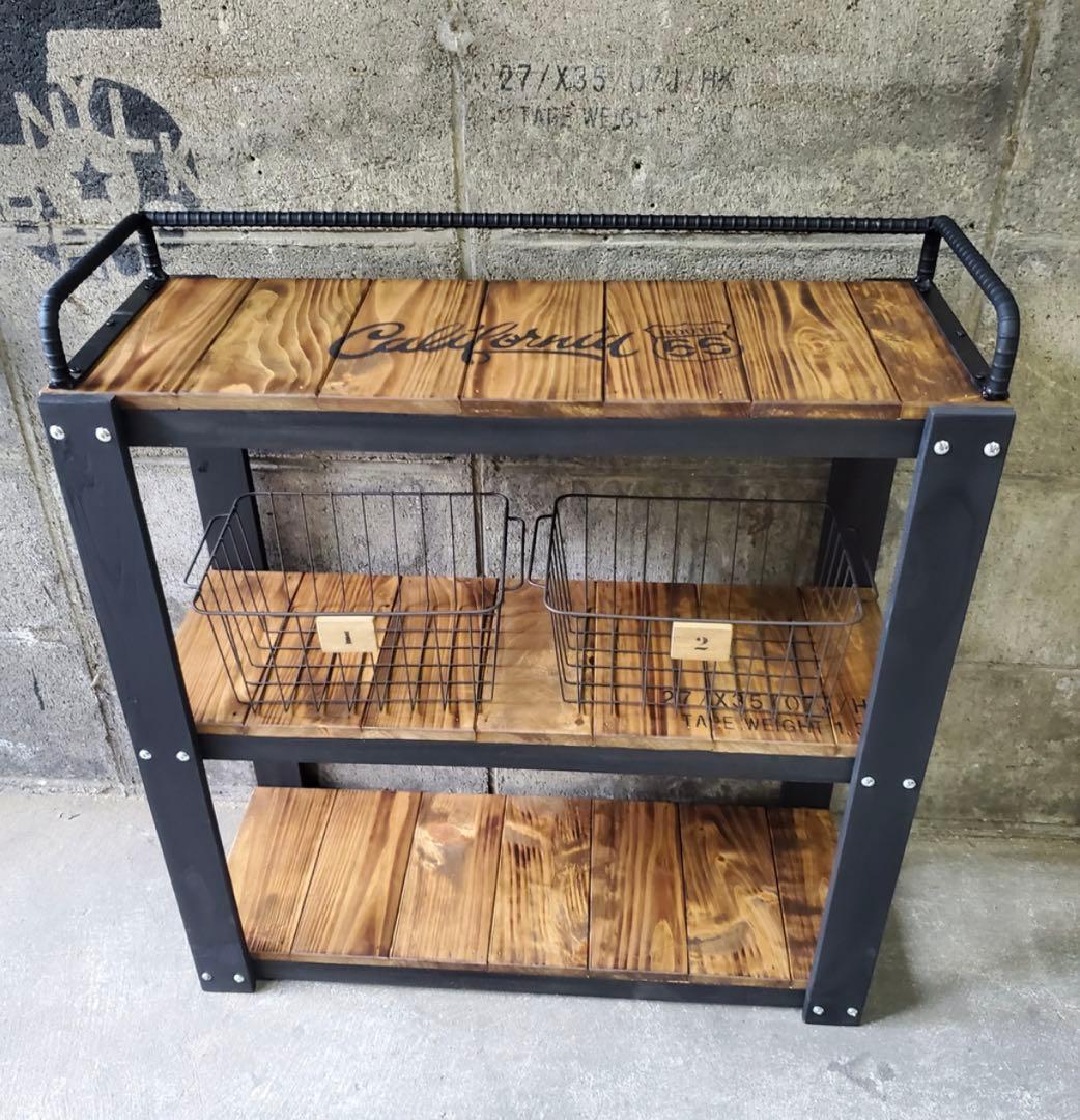 鉄筋バーラック　木製ラック　棚 収納　男前インテリア　インダストリアル 0209 棚 収納 鉄筋バーラック 男前 インダストリアル 棚 国産檜 かごつき