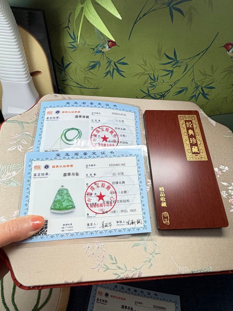 コレクション品❣️ロウカン質翡翠 氷陽緑【錦繍山河】収蔵証明書と鑑定書2点付き