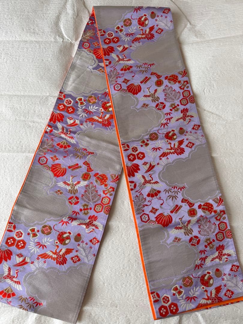 七五三に★正絹子供用袋帯　薄紫に雲取りと吉祥文　鶴