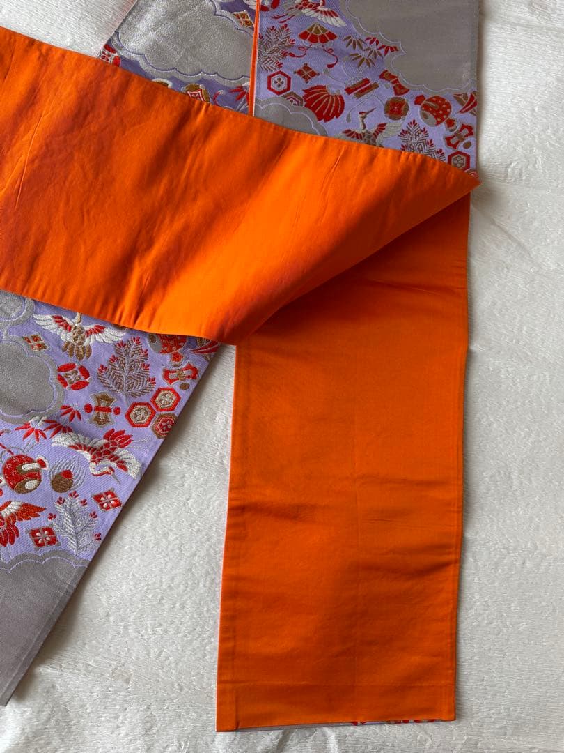 七五三に★正絹子供用袋帯　薄紫に雲取りと吉祥文　鶴