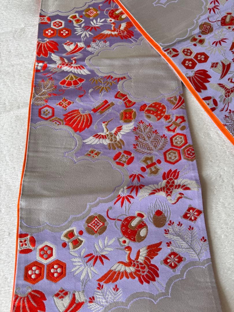 七五三に★正絹子供用袋帯　薄紫に雲取りと吉祥文　鶴