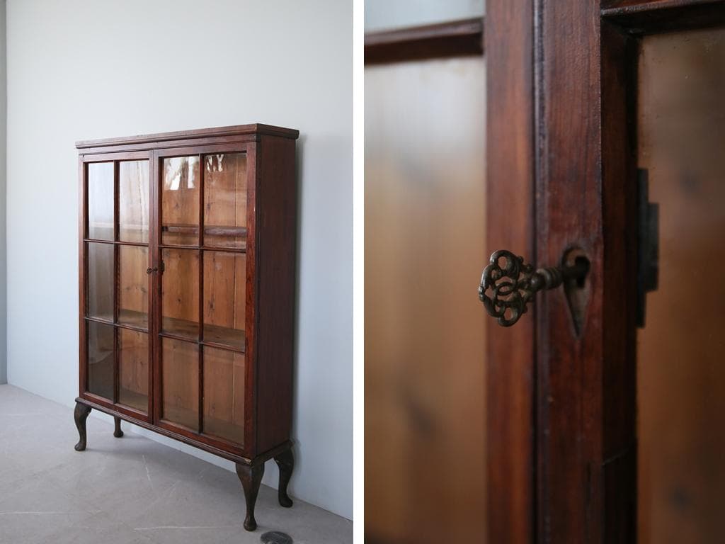 英国アンティーク木製ブックケースキャビネット/本棚/食器棚/飾り棚(92-206