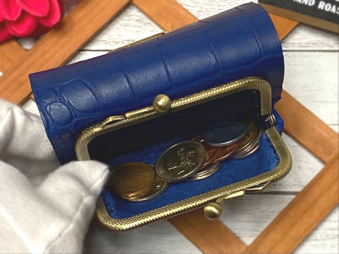 ❤【高級感×可愛い♪】大人オシャレながま口付き総本革ミニ財布♪ネイビークロコ柄