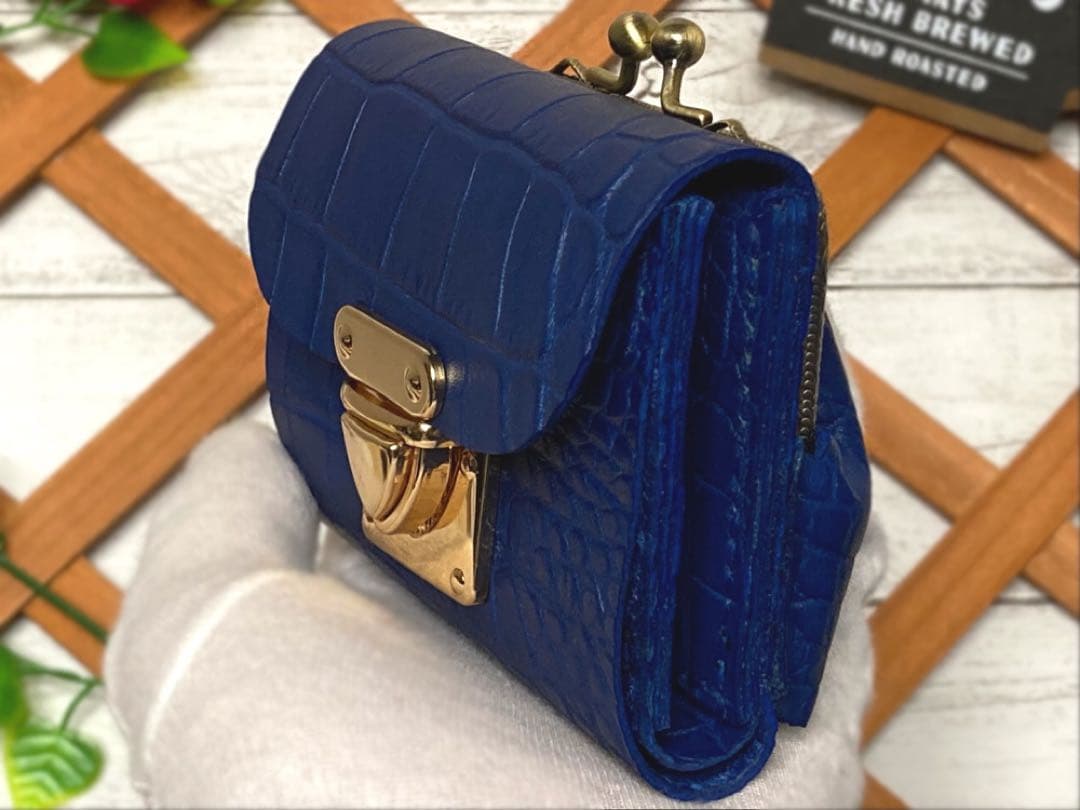 ❤【高級感×可愛い♪】大人オシャレながま口付き総本革ミニ財布♪ネイビークロコ柄