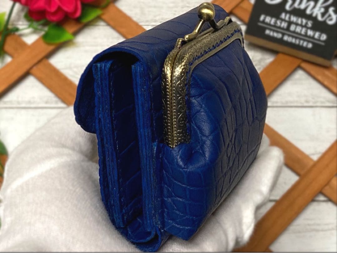 ❤【高級感×可愛い♪】大人オシャレながま口付き総本革ミニ財布♪ネイビークロコ柄