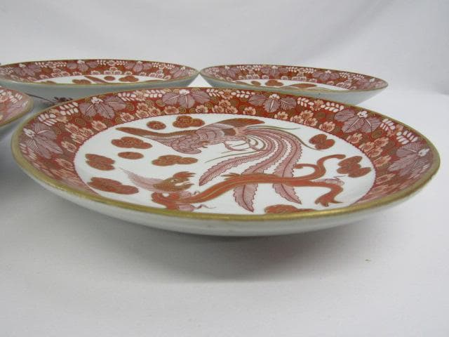 ◇明治期 九谷焼 朝日製 金彩赤絵 細密画 鳳凰文 中皿 5客 Y5-1029